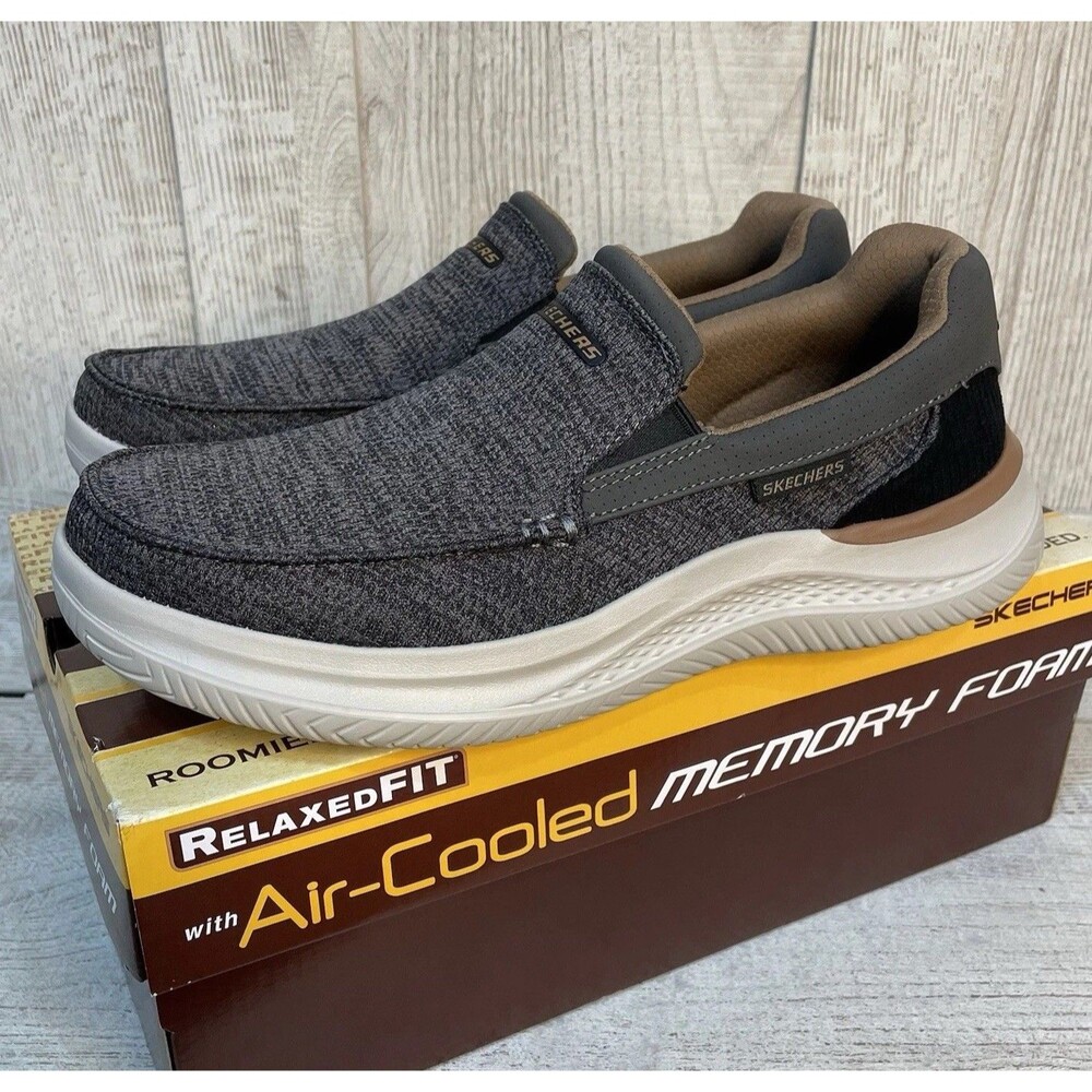 Skechers Hasting Marco Men Size 9.5 Gray Black Slip On Memory Foam Shoe 205367